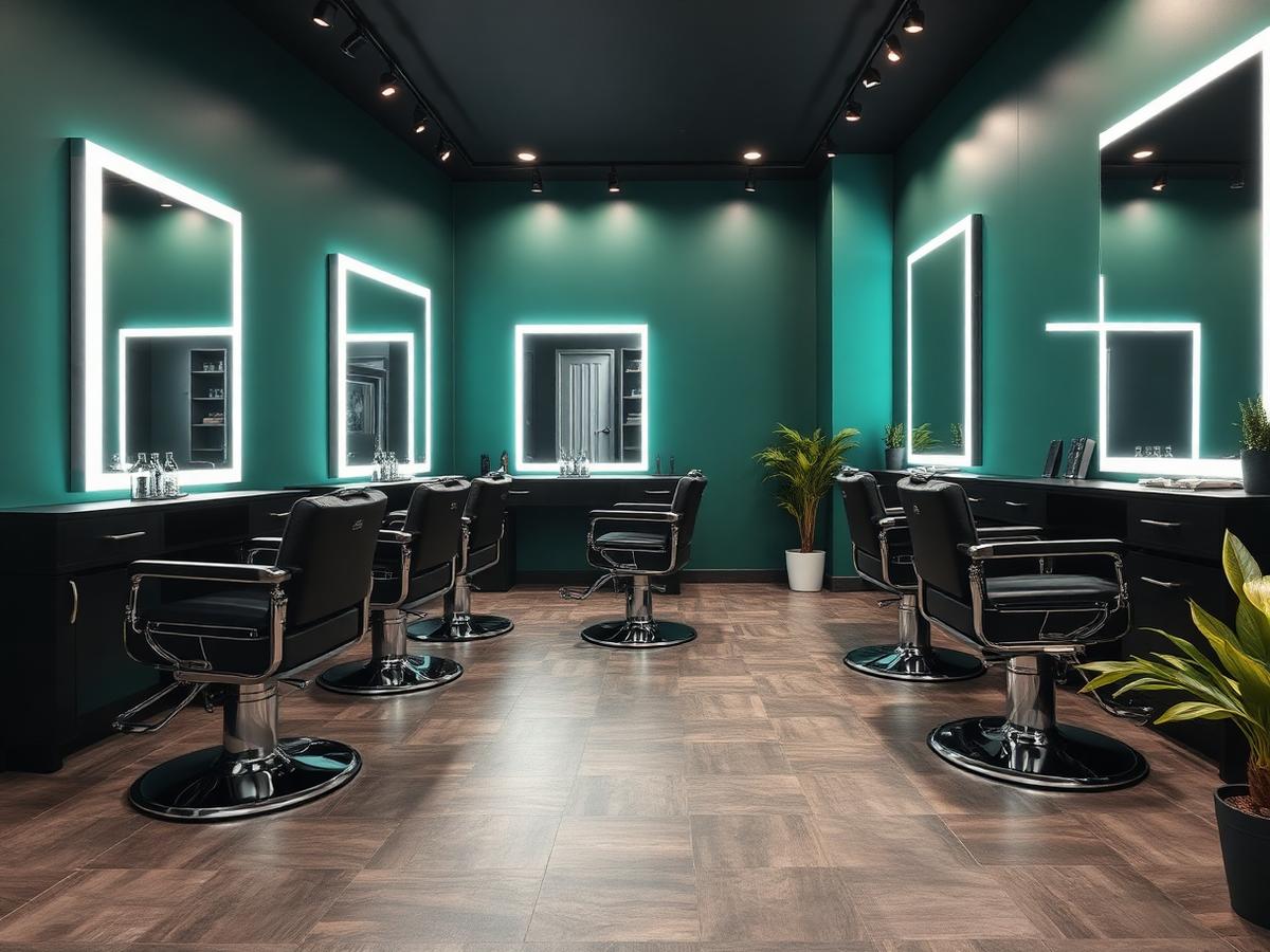 Scaune de barberie din piele neagră cu detalii argintii în fața oglinzilor luminate LED