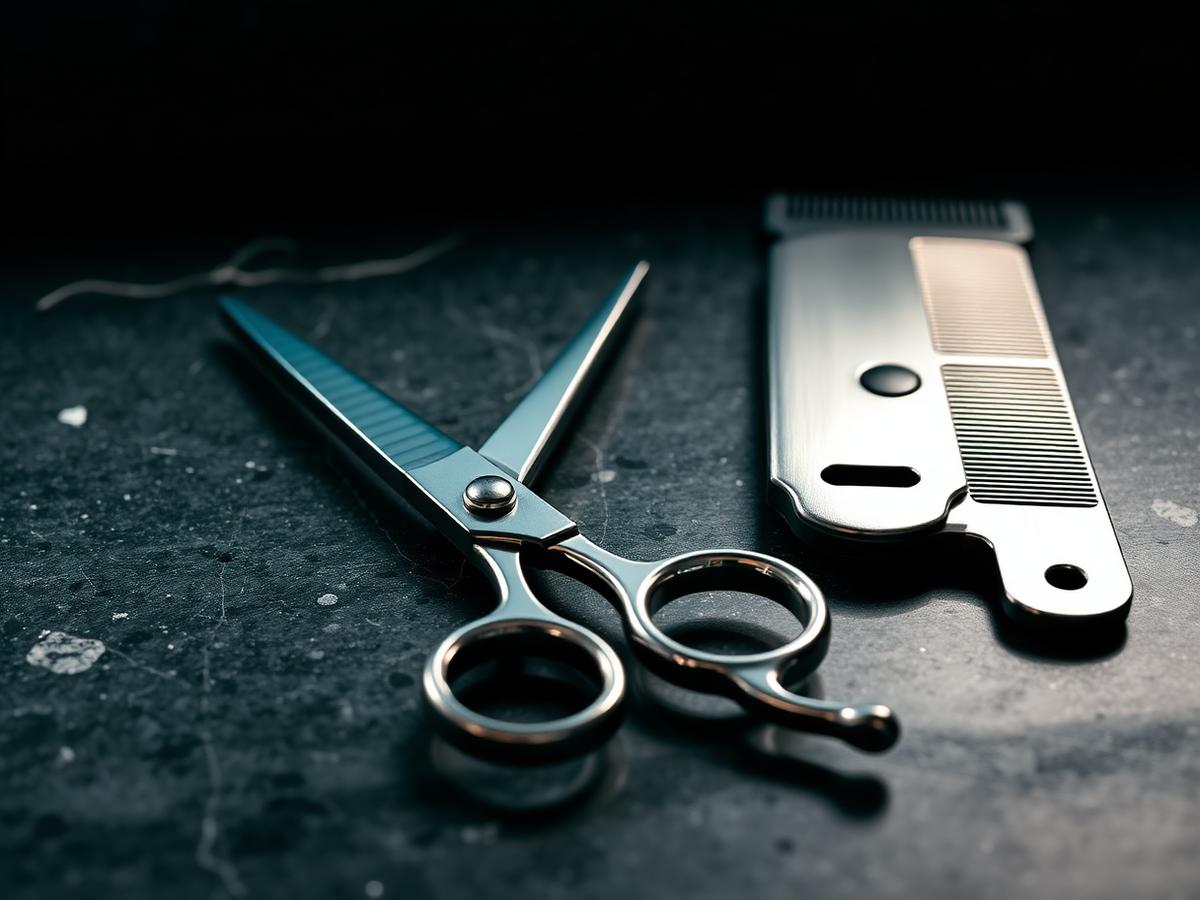 Foarfece, mașină de tuns și accesorii profesionale din inox pe blat antracit