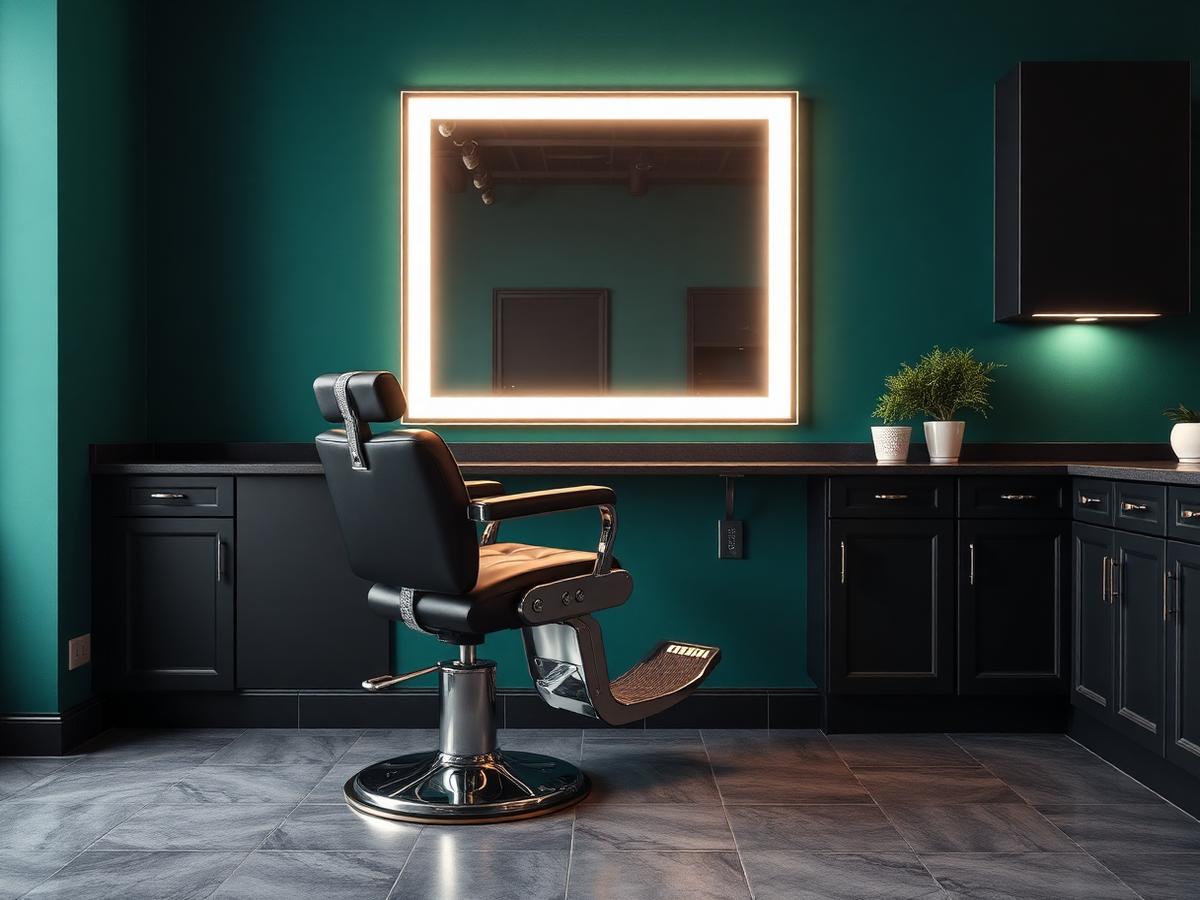 Scaun de barberie negru cu bază cromată în fața unei oglinzi luminate