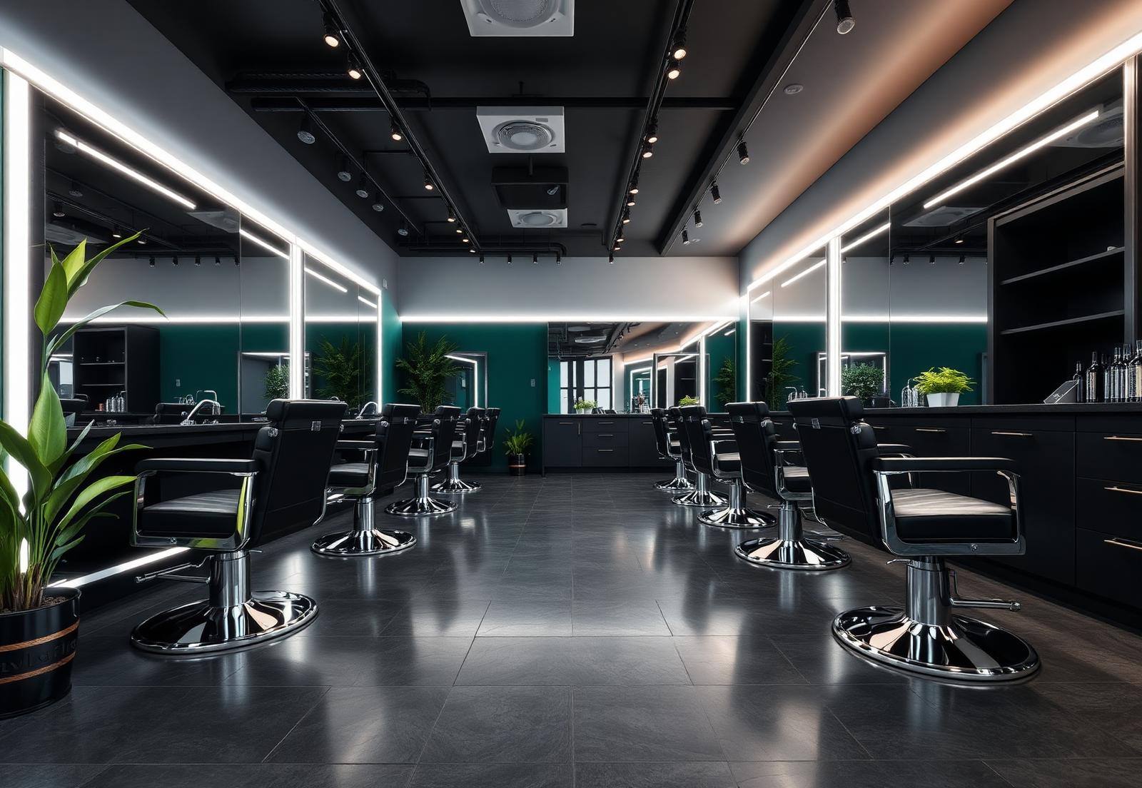 Interior modern Joker Fade Barbershop cu scaune negre, oglinzi luminate LED și accente smarald